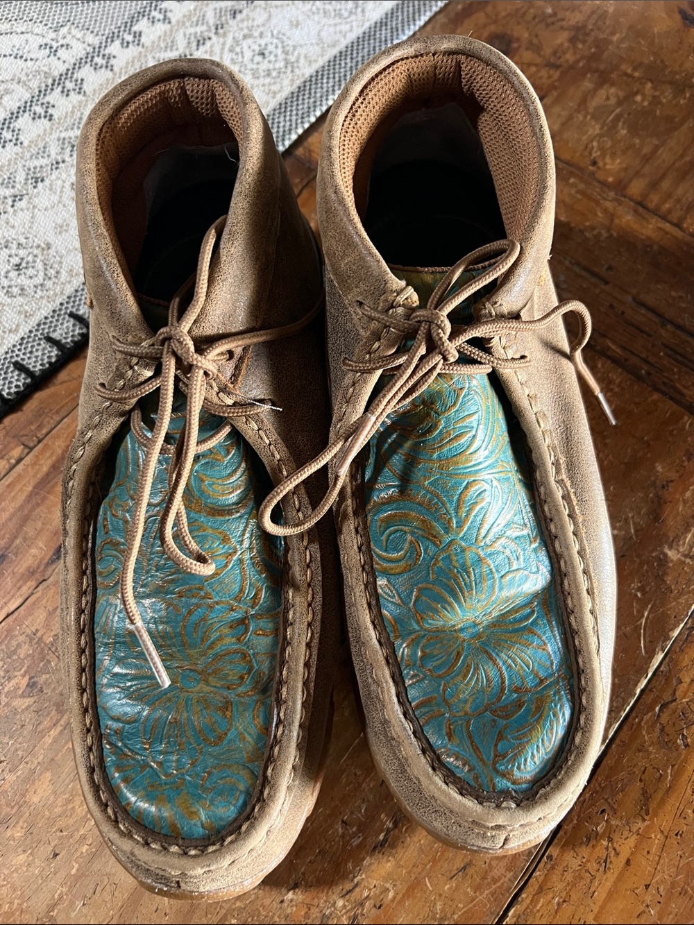 Twisted X Tan Suede Ankle Boots with Teal Floral Inset
